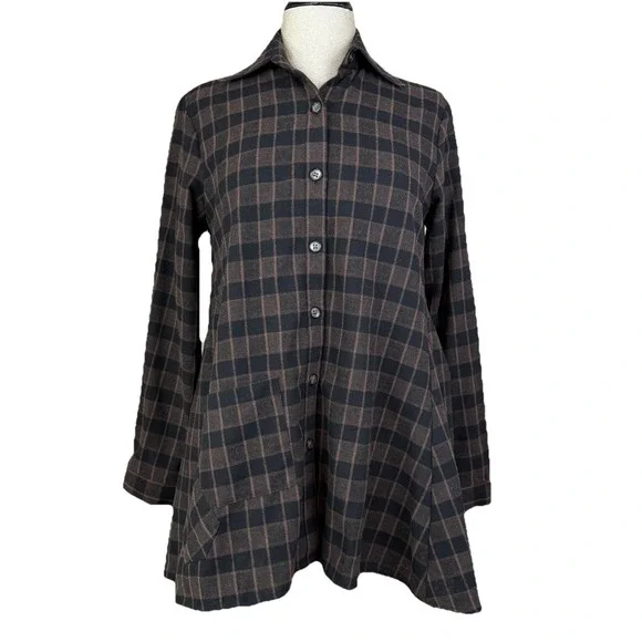 Shana Top Womens XS Brown Plaid Colorful Tunic Floral Art to Wear Artsy Boho - Picture 2 of 9